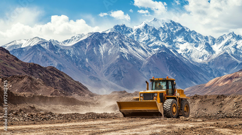 Bulldozer pushing earth at a construction site with mountains in the background