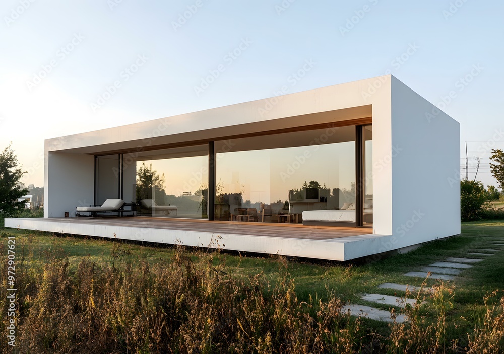 Modern White House with Large Windows and Wooden Deck Modern White House with Large Windows and Wooden Deck