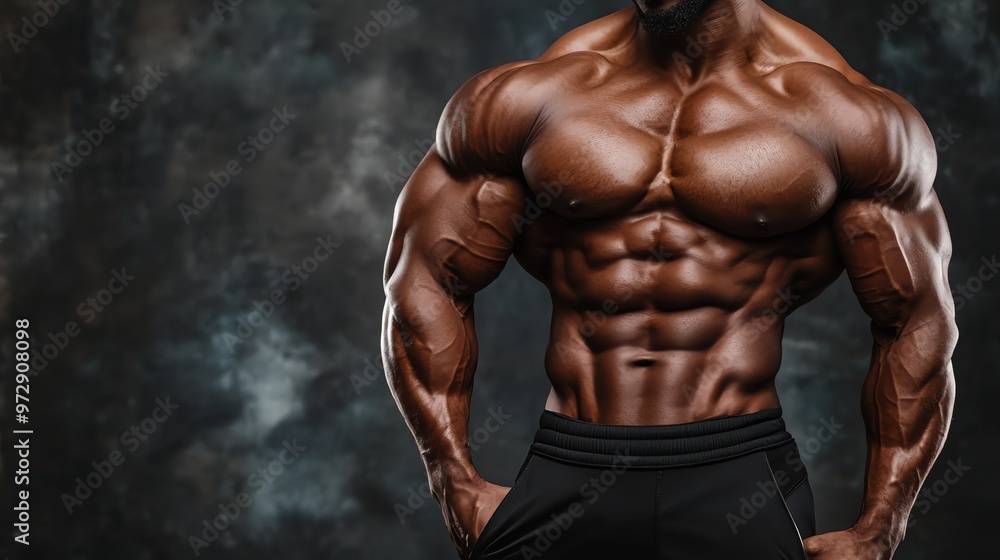 Fototapeta premium A muscular man with a beard, shirtless, wearing black pants, against a teal and red background.