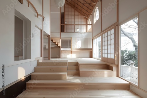 Modern Minimalist Japanese Home Interior Design with Wooden Flooring and Stairs