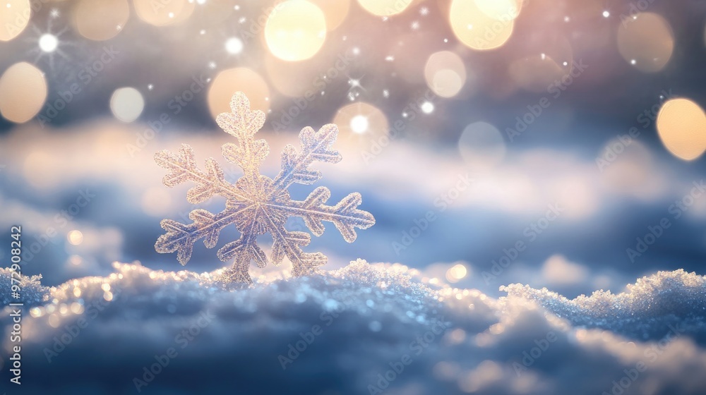 A single snowflake sits on a bed of snow with a soft glow of lights in the background. A single snowflake sits on a bed of snow with a soft glow of lights in the background.