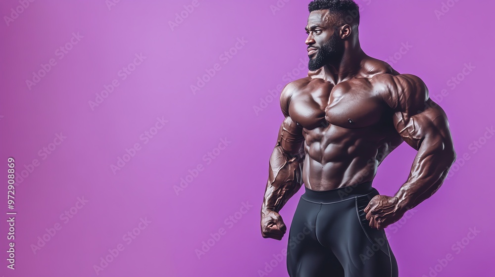 A muscular man with a beard, shirtless, wearing black pants, against a purple background. A muscular man with a beard, shirtless, wearing black pants, against a purple background.