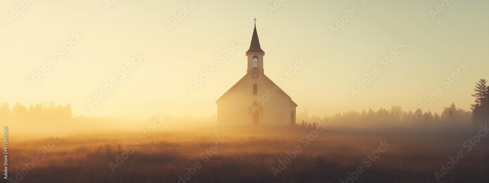 Small church in a misty meadow at sunrise, panorama. Small church in a misty meadow at sunrise, panorama.