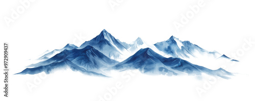 Watercolor-style painting of serene mountain peaks, shrouded in mist, with soft blue tones evoking a tranquil winter landscape
