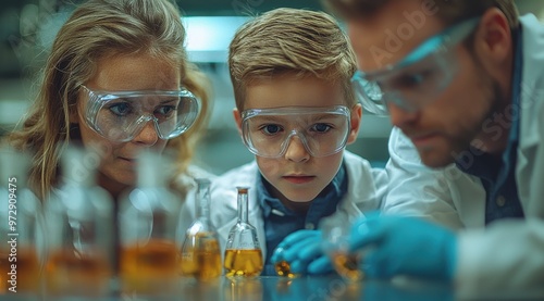 Curious young boy learns science with his family in a laboratory experiment wearing safety glasses and lab coats