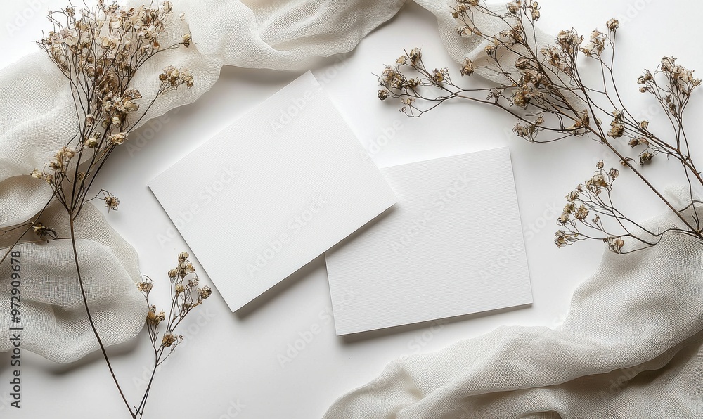 Elegant blank white card mockup with two cards and delicate dried flowers on a soft fabric background Elegant blank white card mockup with two cards and delicate dried flowers on a soft fabric background