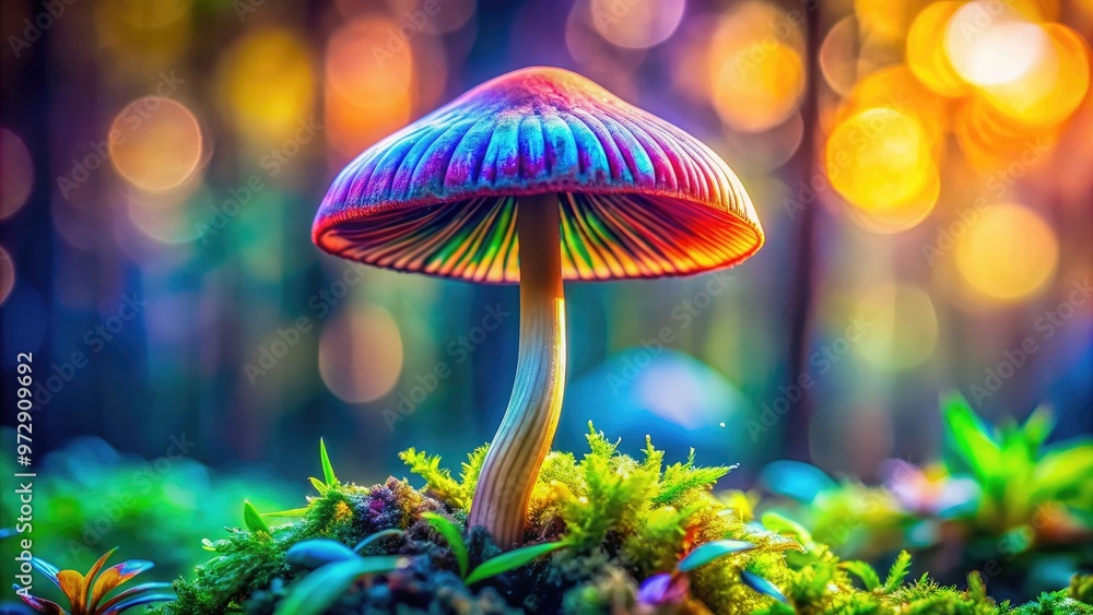 Close-up of a colorful psilocybin magic mushroom , psychedelic, close-up, macro, hallucinogenic, vibrant, colorful Close-up of a colorful psilocybin magic mushroom , psychedelic, close-up, macro, hallucinogenic, vibrant, colorful