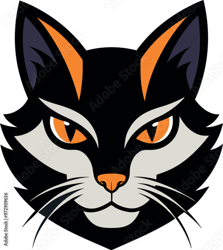 Vector logo of a black and white cat's head set against a white backdrop, showcasing its distinct features