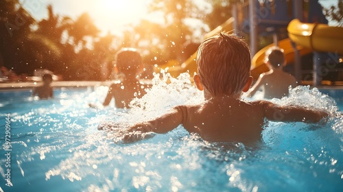 Fototapeta Naklejka Na Ścianę i Meble -  Enjoying a Splashing Day: Family Fun at Water Park under Sunny Skies