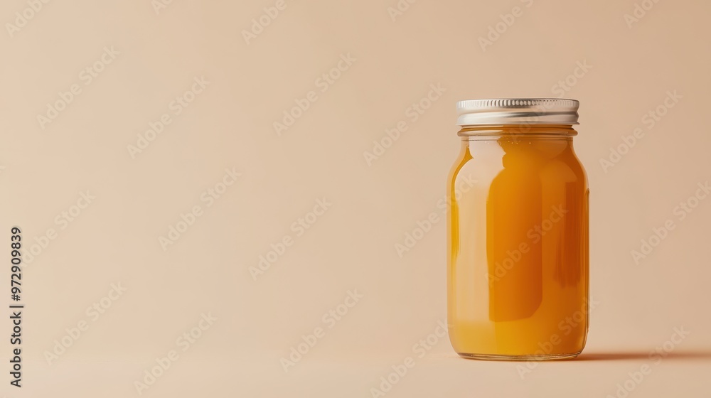 A jar of liquid is sitting on a white background A jar of liquid is sitting on a white background