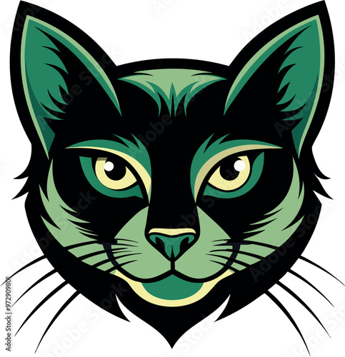 Vector logo of a black and white cat's head set against a white backdrop, showcasing its distinct features