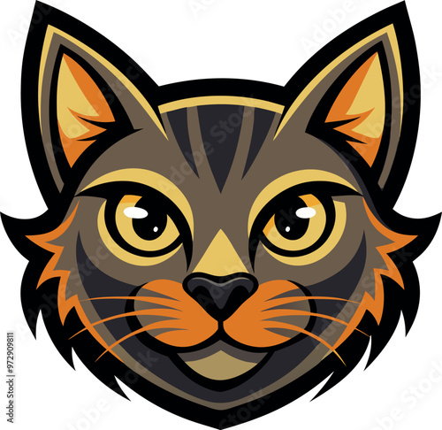 Vector logo of a black and white cat's head set against a white backdrop, showcasing its distinct features