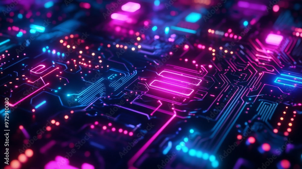 Obraz premium An abstract representation of digital connectivity, featuring circuits, nodes, and flowing data
