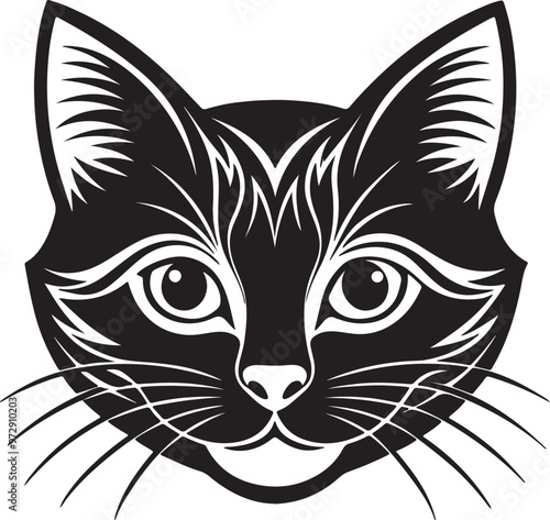 Vector logo of a black and white cat's head set against a white backdrop, showcasing its distinct features