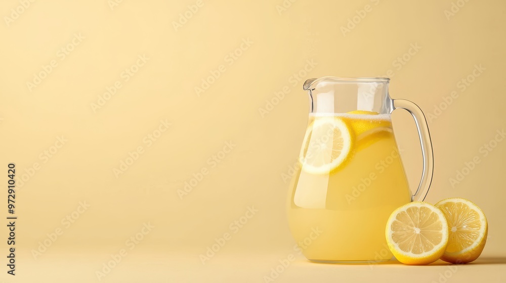 Fototapeta premium A pitcher of lemonade sits on a table with a few slices of lemon