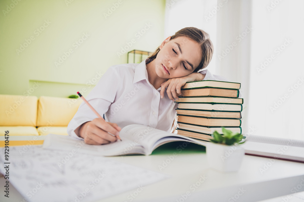 Photo portrait of cute adorable teen girl tired sleeping wear uniform remote lesson education from home indoors Photo portrait of cute adorable teen girl tired sleeping wear uniform remote lesson education from home indoors
