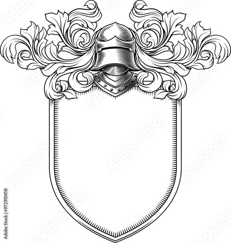 Coat of arms crest knight family medieval shield heraldry heraldic armorial motif. Featuring a knights helm helmet in a vintage etching engraving woodcut style