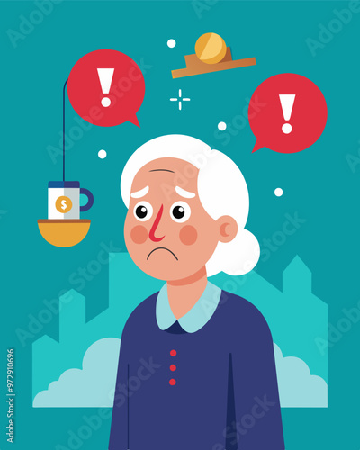 A retiree watches their once comfortable pension become strained as the cost of utilities insurance and medical expenses continue to rise each year.. Vector illustration