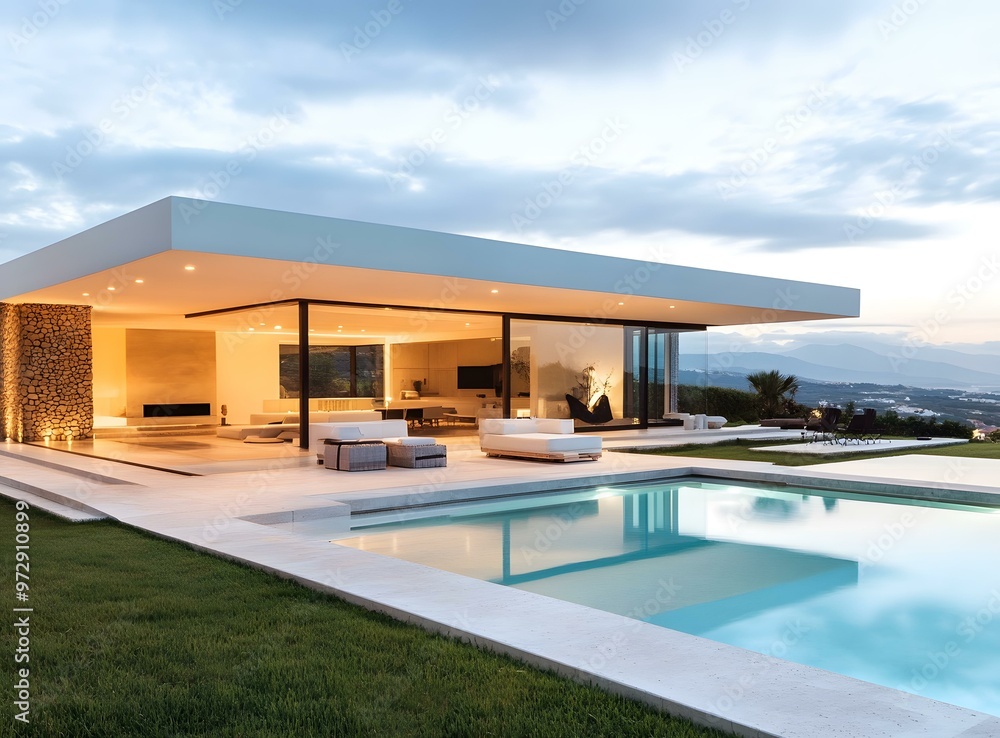 Fototapeta premium Modern Home with Swimming Pool and Mountain View