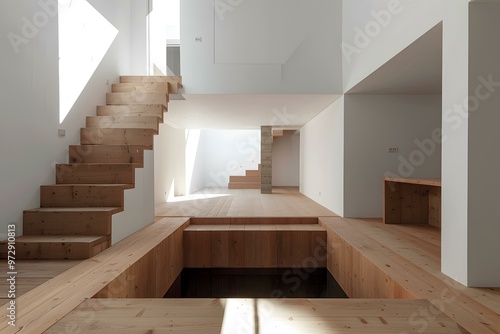 Modern Minimalist House Interior Design With Wooden Stairs