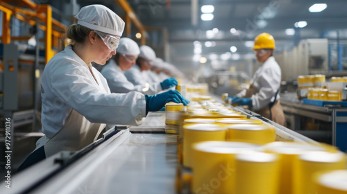 Workers packaging finished goods in a manufacturing facility