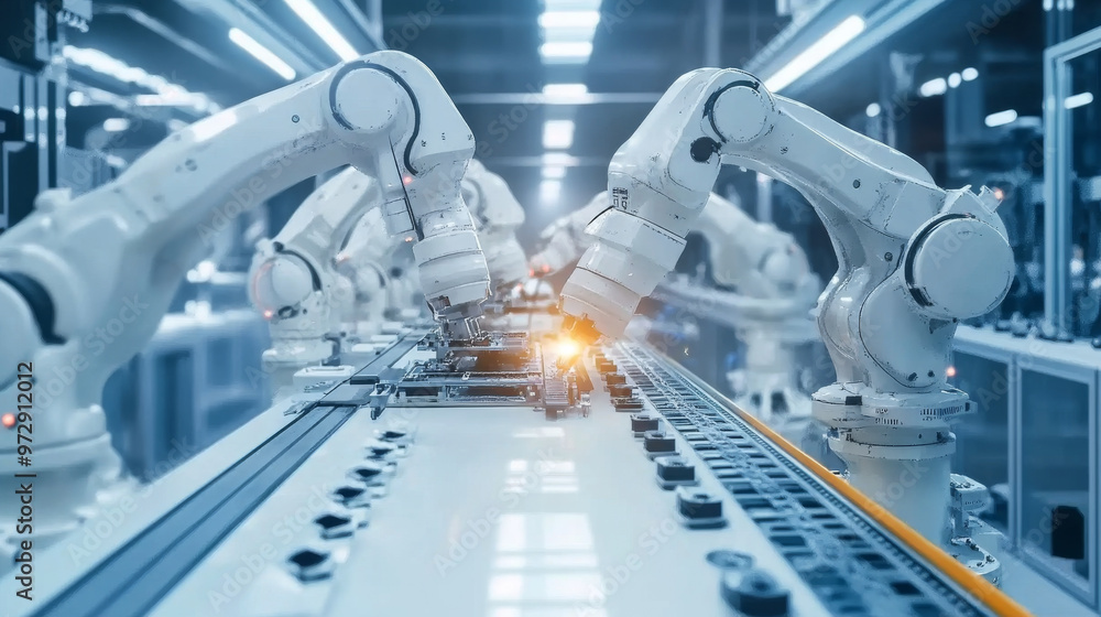 Robotic arms assembling components on a high-tech industrial automation line Robotic arms assembling components on a high-tech industrial automation line