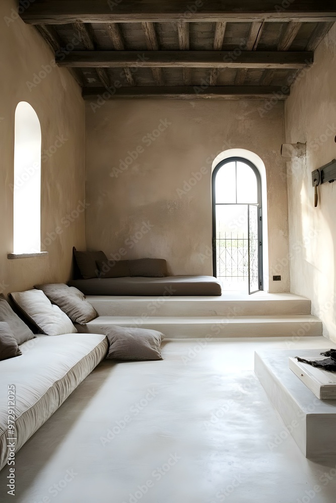 Fototapeta premium Minimalist Interior Design with Concrete Floor and Wooden Beams