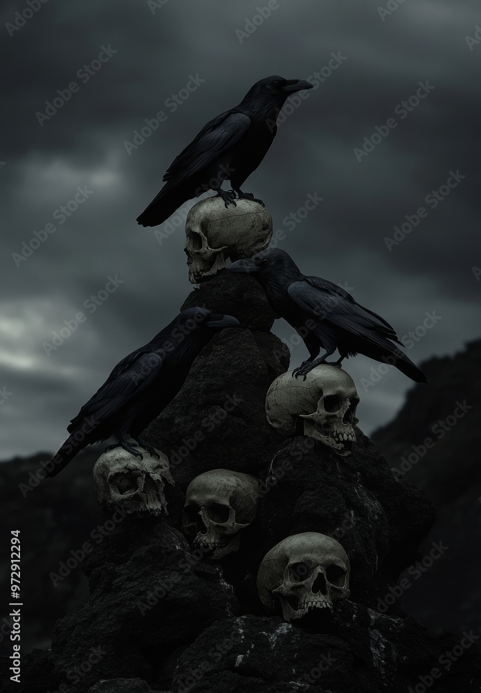 Fototapeta premium Image of ravens sitting on a skull in the middle of a gray landscape.