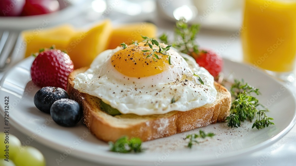 A breakfast scene featuring crispy toast with a poached egg on top, garnished with fresh herbs and served with a side of fruit and juice. A breakfast scene featuring crispy toast with a poached egg on top, garnished with fresh herbs and served with a side of fruit and juice.