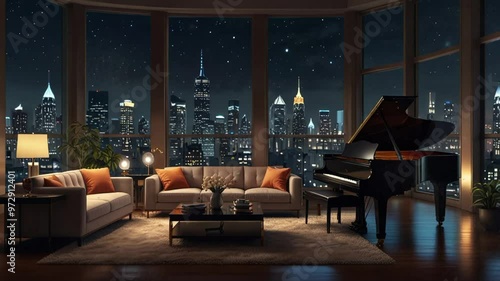Luxurious room with grand piano, sofa, table and windows with night city views. seamless looping 4k video background animation