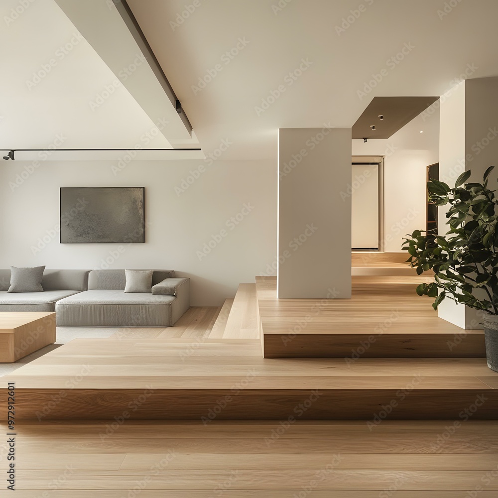 Fototapeta premium Minimalist Modern Living Room With Wooden Stairs