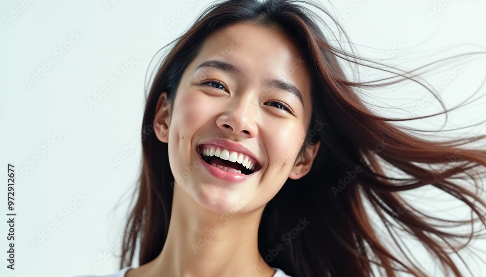 Close-up of a joyful Korean woman with flowing hair, radiating energy and happiness.