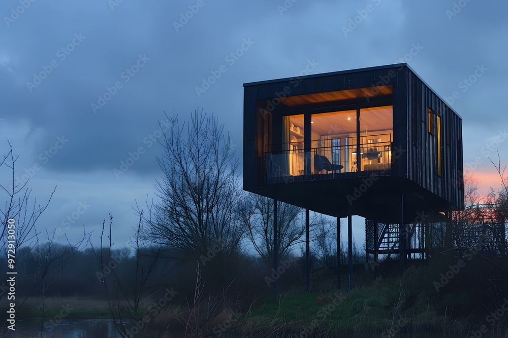 Modern Black Wooden Cabin on Stilts Overlooking Water Modern Black Wooden Cabin on Stilts Overlooking Water