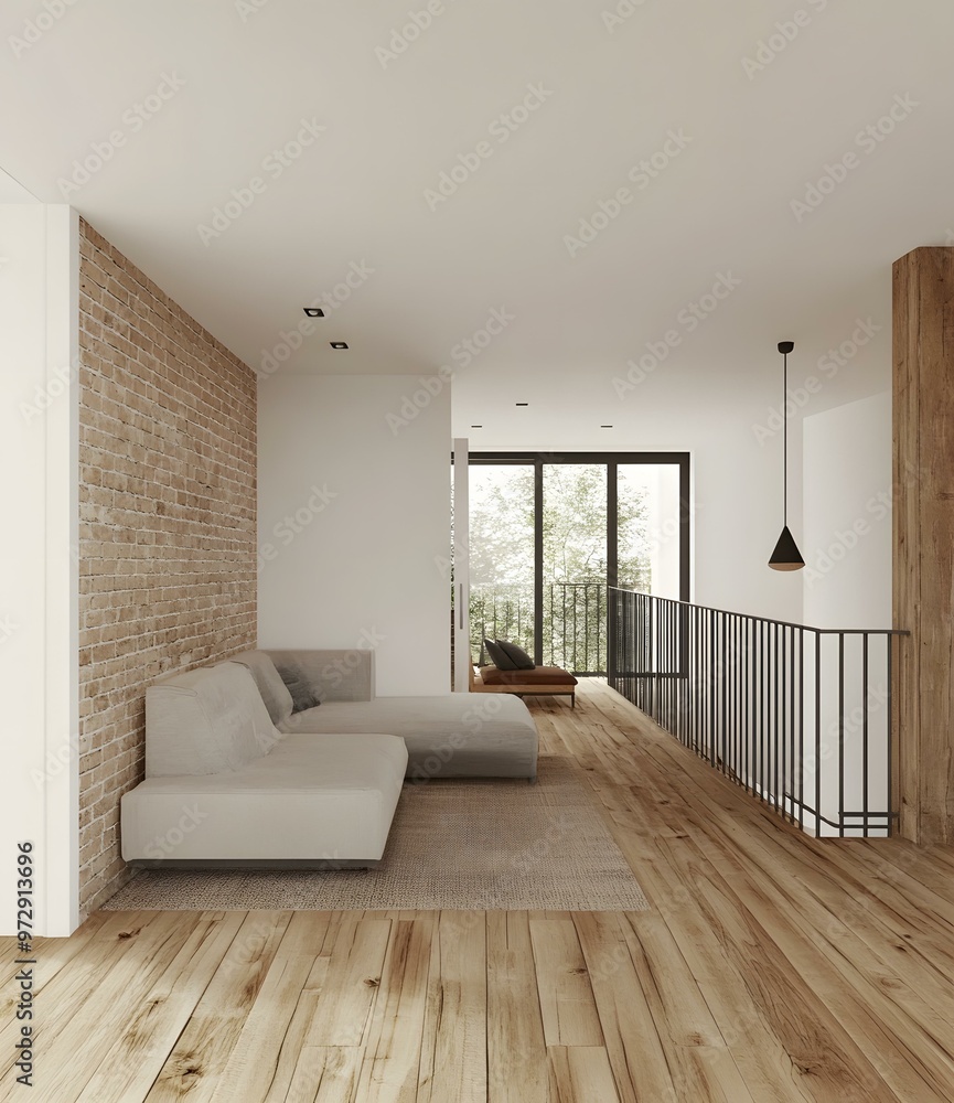 Obraz premium Modern Interior Design with Brick Wall and Wooden Floor