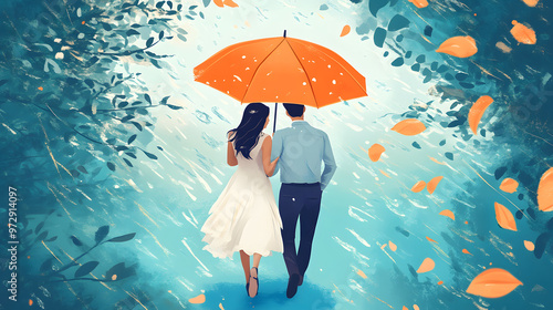 Romantic couple walking under a shared umbrella, lovely couple strolling together through the forest, lofi illustration