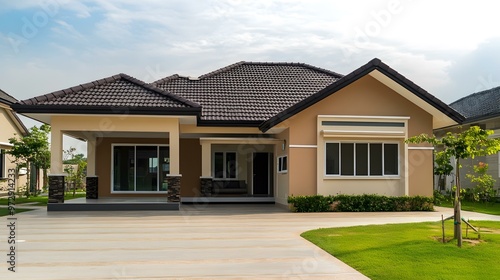 Modern Brown Single Story House with Large Front Yard