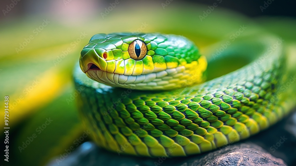 detailed closeup of a green jungle snake resting on a rock, showing its exotic scales and slithering form detailed closeup of a green jungle snake resting on a rock, showing its exotic scales and slithering form