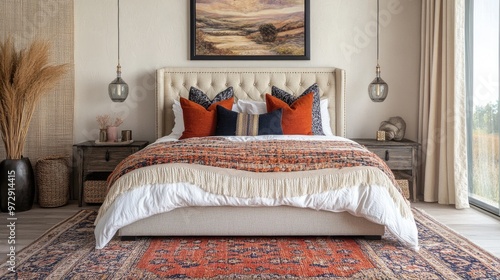 Wallpaper Mural A chic bedroom with a contemporary design, showcasing a statement headboard, decorative throw pillows, and a stylish rug on the floor. Torontodigital.ca