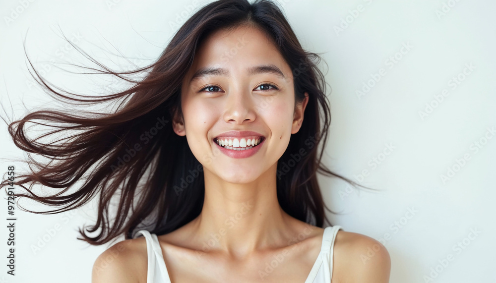 Close-up of a joyful Korean woman with flowing hair, radiating energy and happiness. Close-up of a joyful Korean woman with flowing hair, radiating energy and happiness.