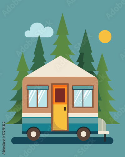 A quaint and affordable mobile home perfect for a family downsizing to a more budgetfriendly and mobile lifestyle.. Vector illustration