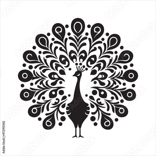Elegant Peacock Silhouette Feathers Unfurled in Black and White