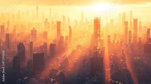 A city skyline at sunrise, with the first rays of light striking the tops of skyscrapers and casting a warm glow over the bustling urban landscape.