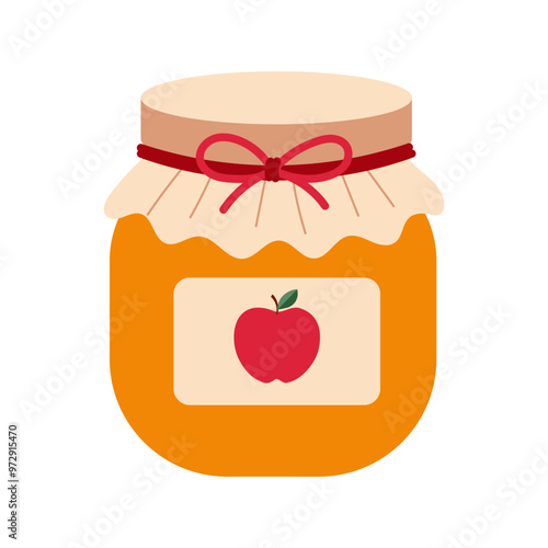 A jar of apple jam with a red apple on the label