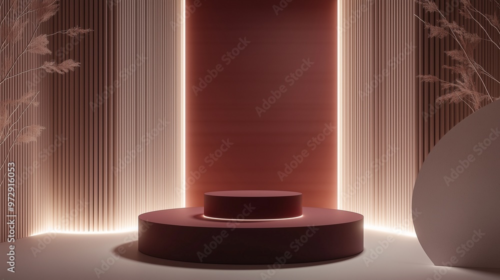 The burgendy platform sits in the center, with architectural walls showcasing delicate, fine patterns behind it. The soft lighting adds a calm, luxurious touch. The burgendy platform sits in the center, with architectural walls showcasing delicate, fine patterns behind it. The soft lighting adds a calm, luxurious touch.