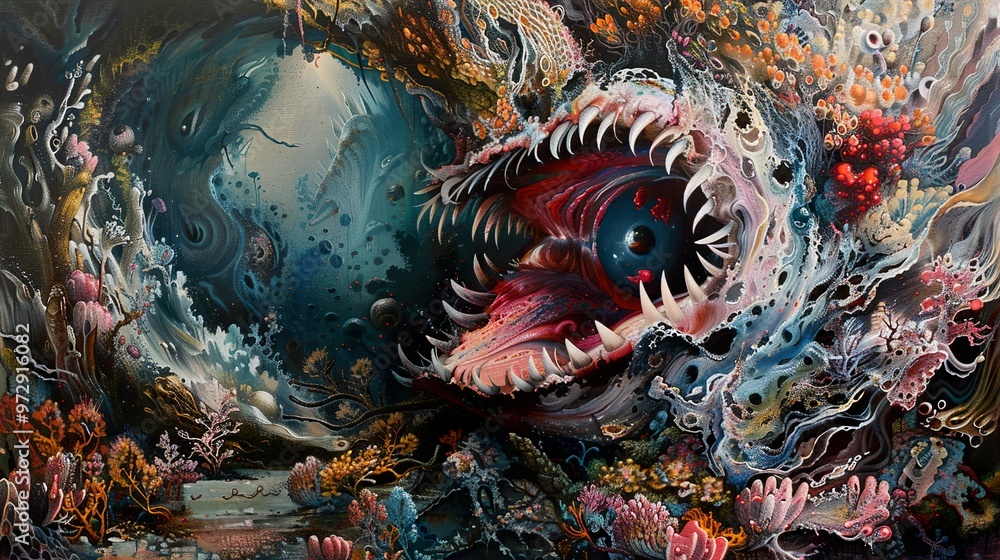 Abstract painting depicting a monstrous creature with sharp teeth and an eye, surrounded by swirling colors and textures, likely representing the depths of the ocean or a surreal dreamscape. Abstract painting depicting a monstrous creature with sharp teeth and an eye, surrounded by swirling colors and textures, likely representing the depths of the ocean or a surreal dreamscape.