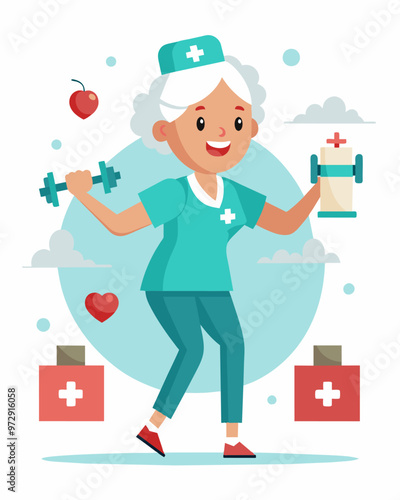 A retired nurse volunteering at a free medical clinic in exchange for complimentary fitness classes.. Vector illustration