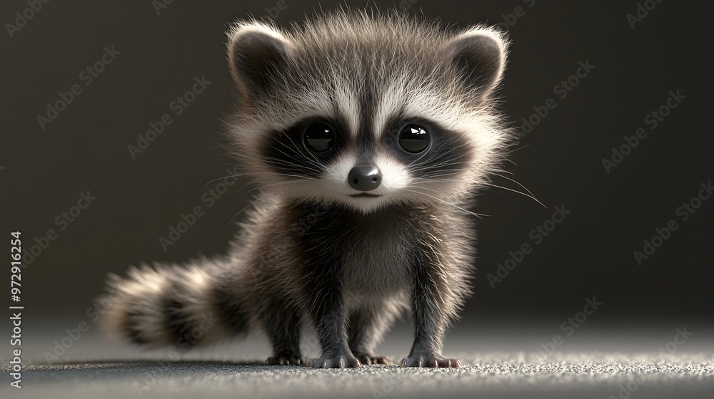27. **3D render of a tiny baby raccoon with masked face and bushy tail 27. **3D render of a tiny baby raccoon with masked face and bushy tail