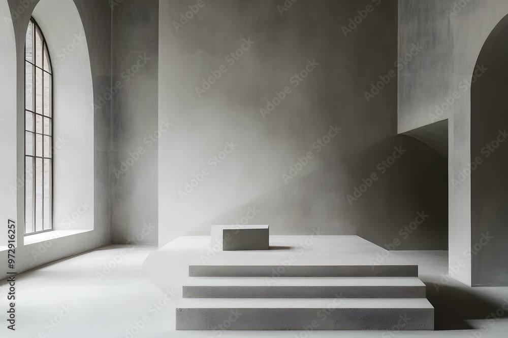 Fototapeta premium Minimalist Concrete Architecture Interior Design With Steps