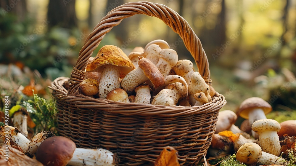 captivating scene of a basket full of different wild forest mushrooms, emphasizing organic produce and seasonal harvests for gourmet cooking