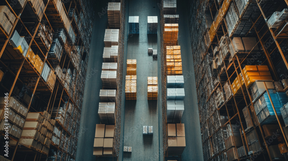 Fototapeta premium Aerial view of a massive warehouse with organized shelves and logistics operations